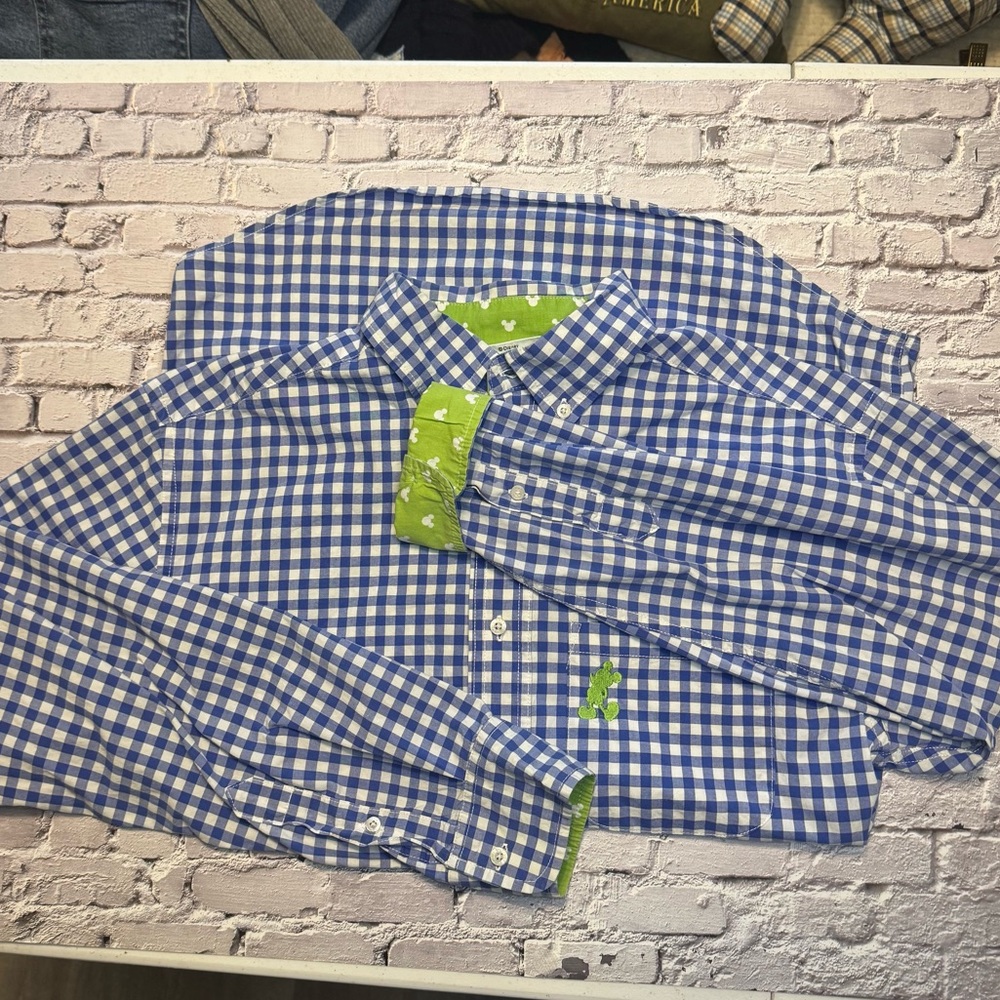 Disney Blue and White Checkered Shirt with Green Accents